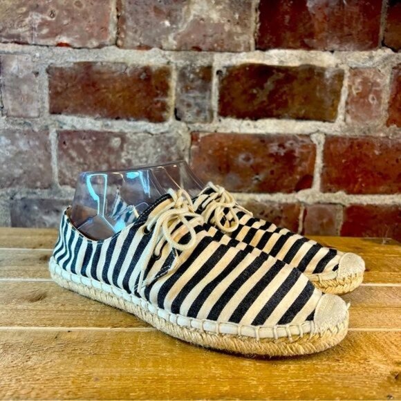 J Crew Nautical Striped Dark Blue / Black Espadrille Lace Up Flats Sz 9 - Picture 2 of 11